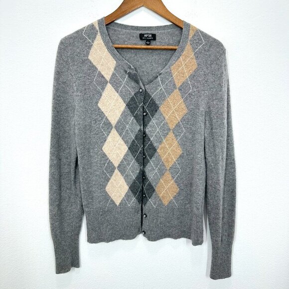 Apt. 9 Women's Size Large Cardigan Grey Cashmere Argyle Academia Nerdy Geeky - Picture 1 of 7